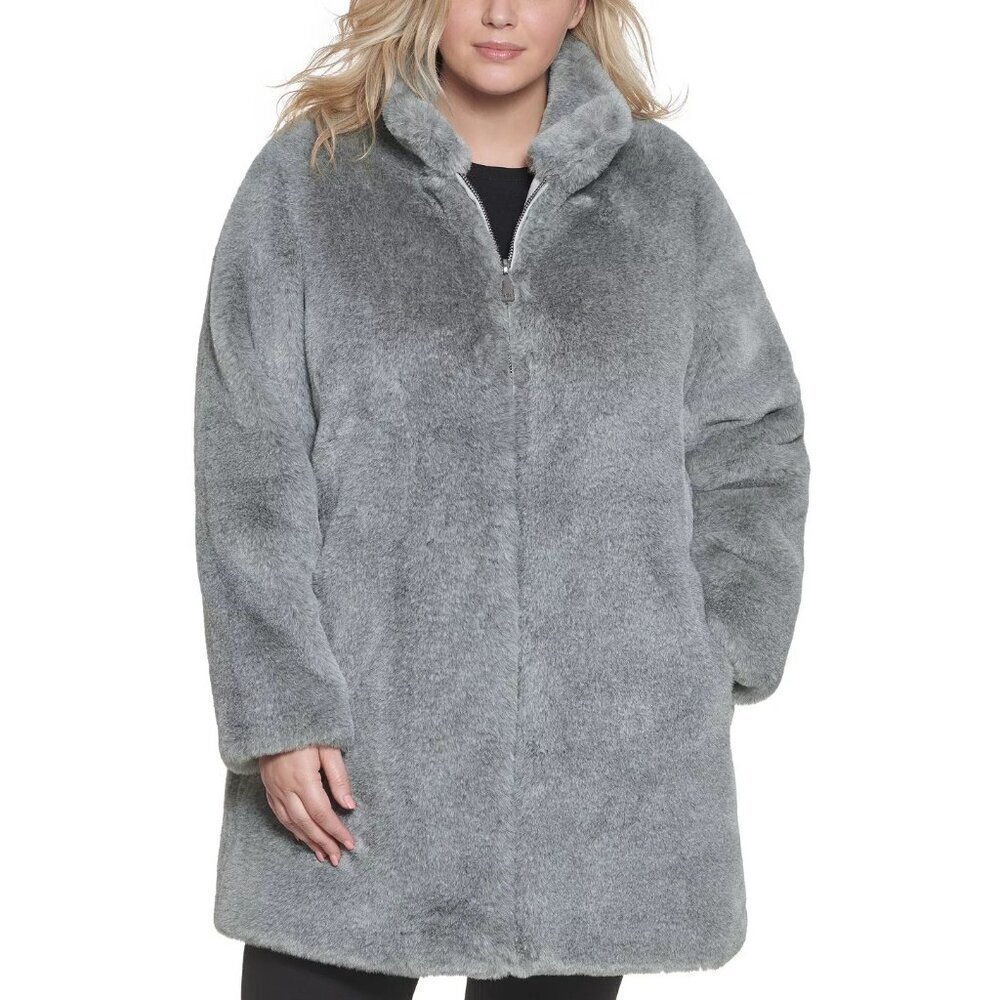 Calvin Klein Womens Size XL Soft Faux-Fur Mid-Length Anorak Coat in Gray $320‎